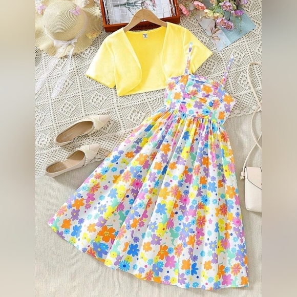 Girl Dopamine Flower Printed Long Cami Dress /  Crop Jacket Set-Yellow 10 Years - Picture 1 of 2
